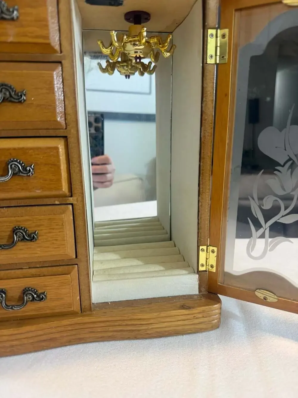 Vintage Tall Wooden Jewelry Armoire with 5 Drawers and Etched Glass Door